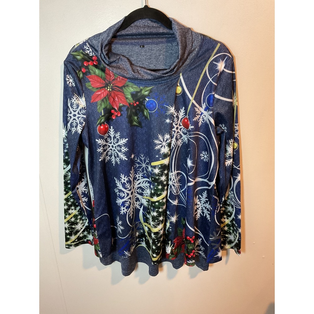 Unbranded Women's Large Blue‎ Christmas Print Cowl Neck Long Sleeve Top Lined